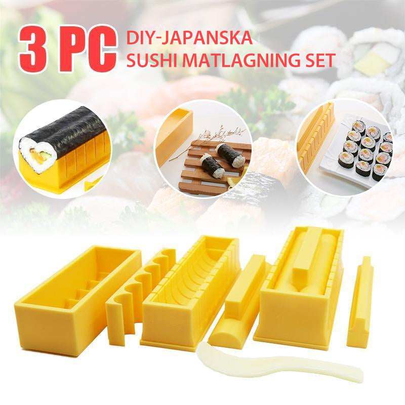 "Sushi verktygssats 3-IN-1: Matsäker plast i tre former, rund, fyrkantig, hjärtformad. Perfekt för hemlagad sushi."