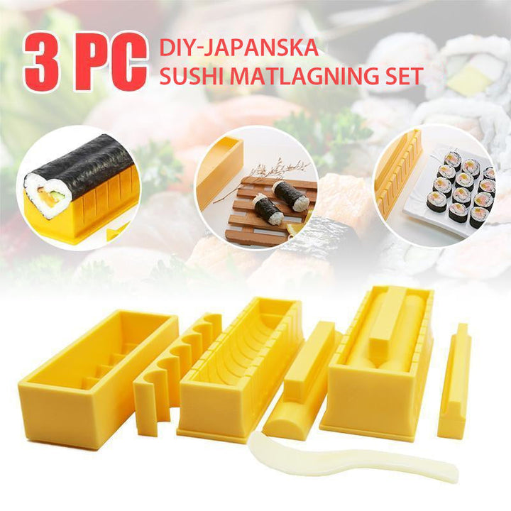 "Sushi verktygssats 3-IN-1: Matsäker plast i tre former, rund, fyrkantig, hjärtformad. Perfekt för hemlagad sushi."