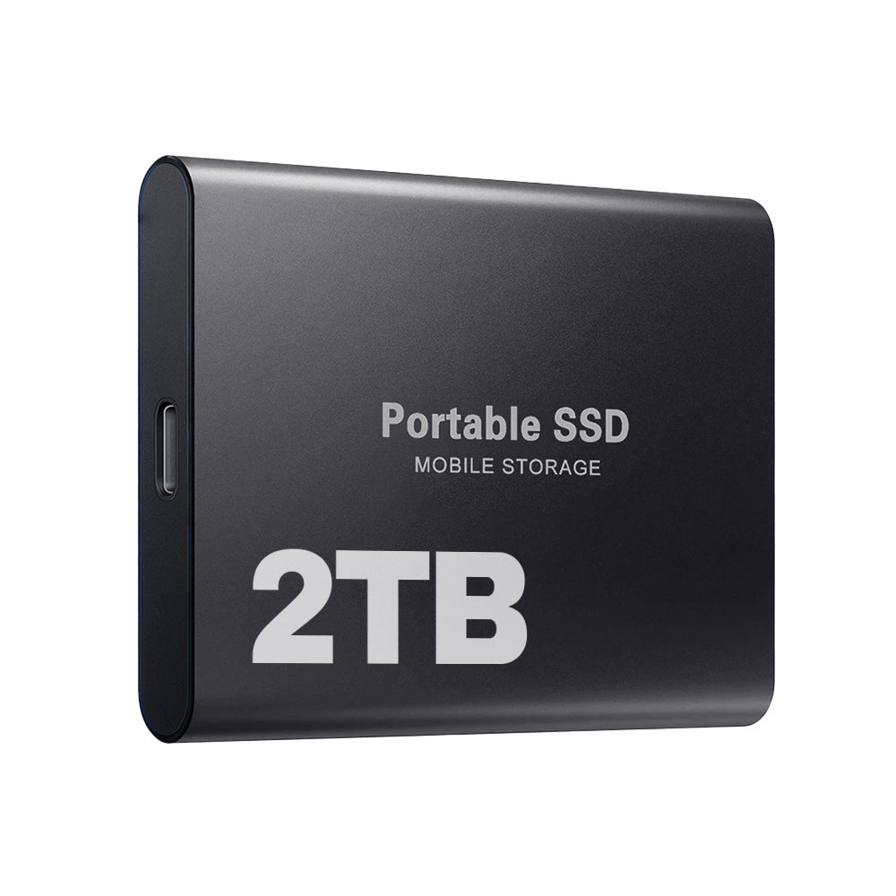 Svart 2TB portabel SSD för höghastighetsdataöverföring. Kompakt extern hårddisk i fickformat för lagring.