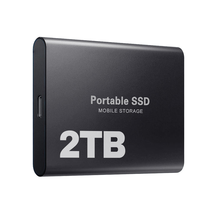 Svart 2TB portabel SSD för höghastighetsdataöverföring. Kompakt extern hårddisk i fickformat för lagring.