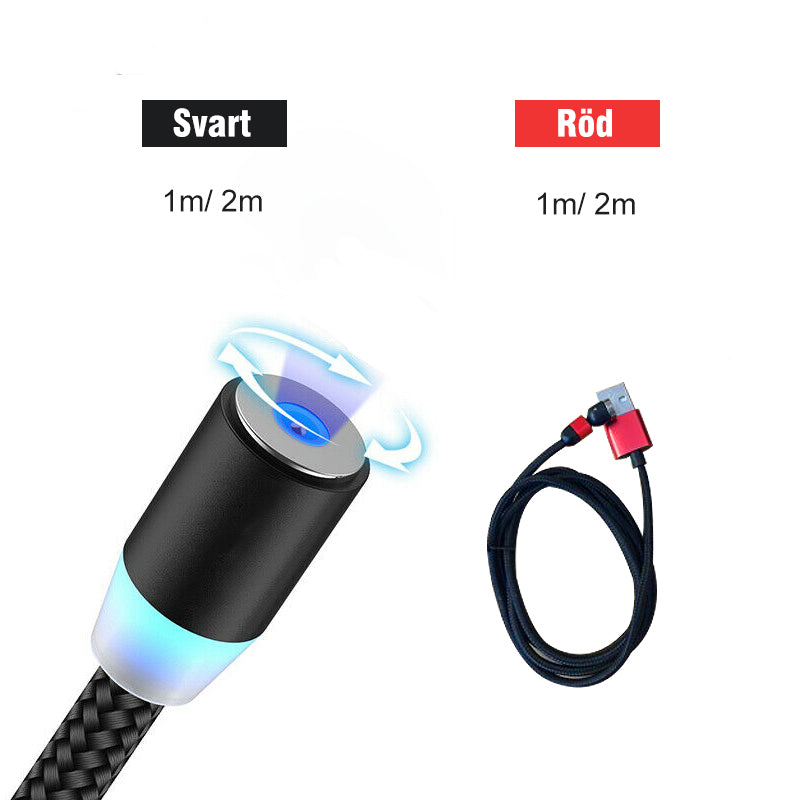 "Svart 3-IN-1 magnetisk kabel med 360° rotation, adapters för Apple, Android, Type-C, avancerad laddningsfunktion."