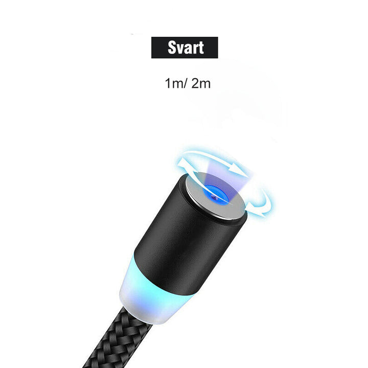 "Svart 3-IN-1 magnetisk kabel med 360° rotation, adapters för Apple, Android, Type-C, avancerad laddningsfunktion."