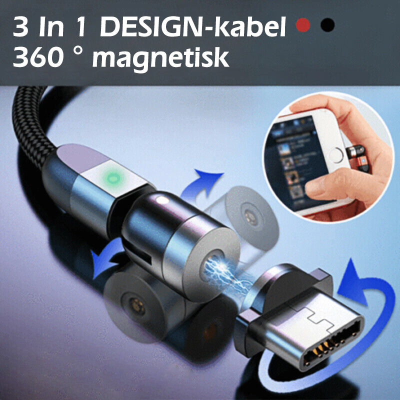 "Svart 3-IN-1 magnetisk kabel med 360° rotation, adapters för Apple, Android, Type-C, avancerad laddningsfunktion."