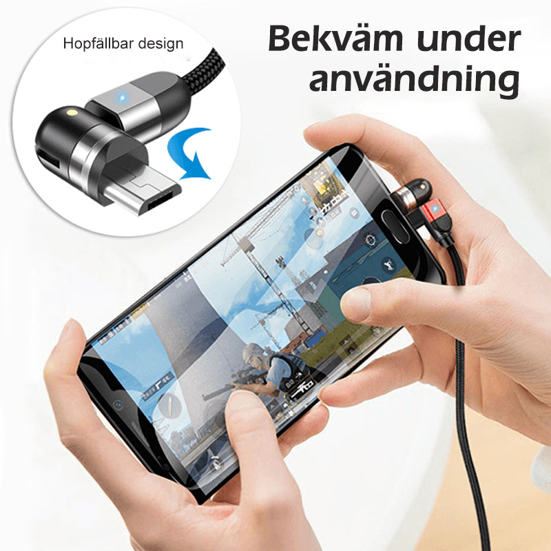 "Svart 3-IN-1 magnetisk kabel med 360° rotation, adapters för Apple, Android, Type-C, avancerad laddningsfunktion."