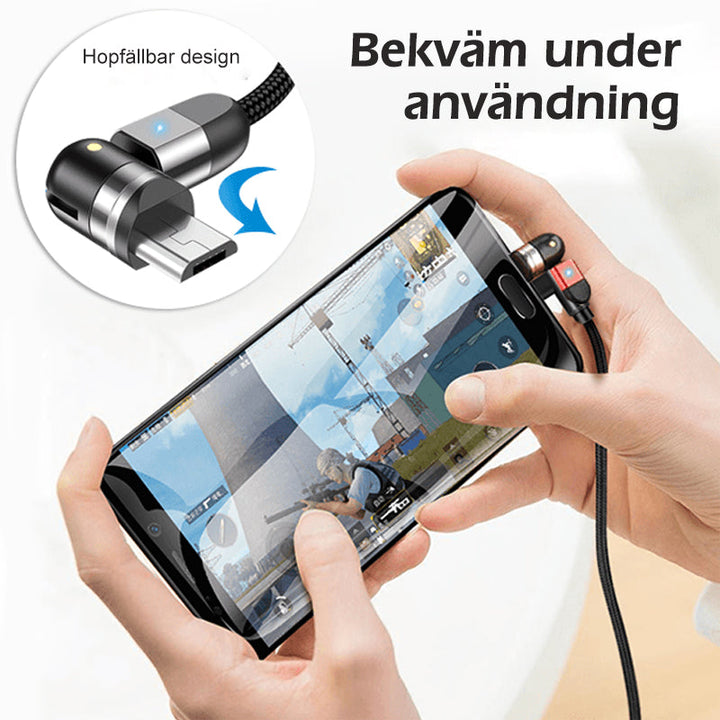 "Svart 3-IN-1 magnetisk kabel med 360° rotation, adapters för Apple, Android, Type-C, avancerad laddningsfunktion."