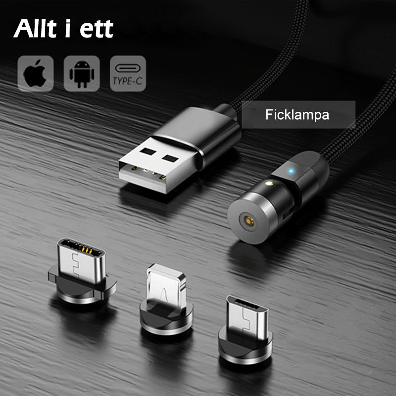 "Svart 3-IN-1 magnetisk kabel med 360° rotation, adapters för Apple, Android, Type-C, avancerad laddningsfunktion."