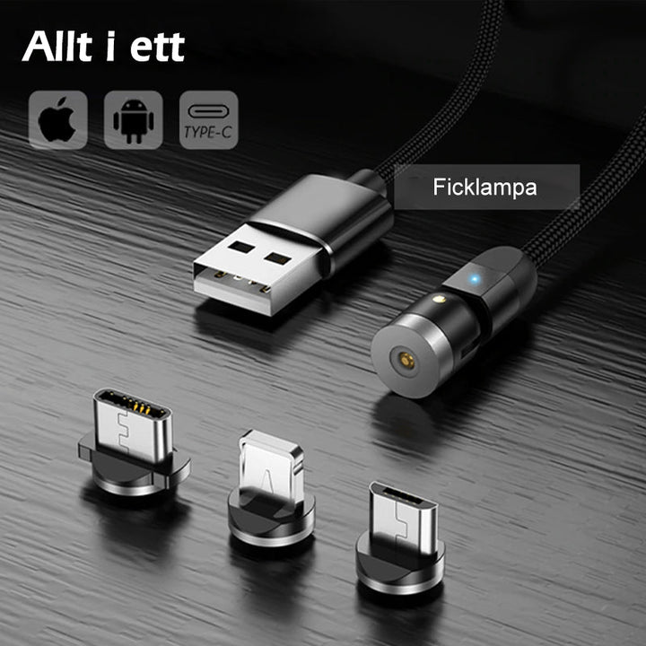 "Svart 3-IN-1 magnetisk kabel med 360° rotation, adapters för Apple, Android, Type-C, avancerad laddningsfunktion."