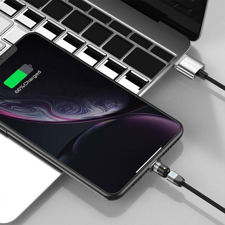 "Svart 3-IN-1 magnetisk kabel med 360° rotation, adapters för Apple, Android, Type-C, avancerad laddningsfunktion."