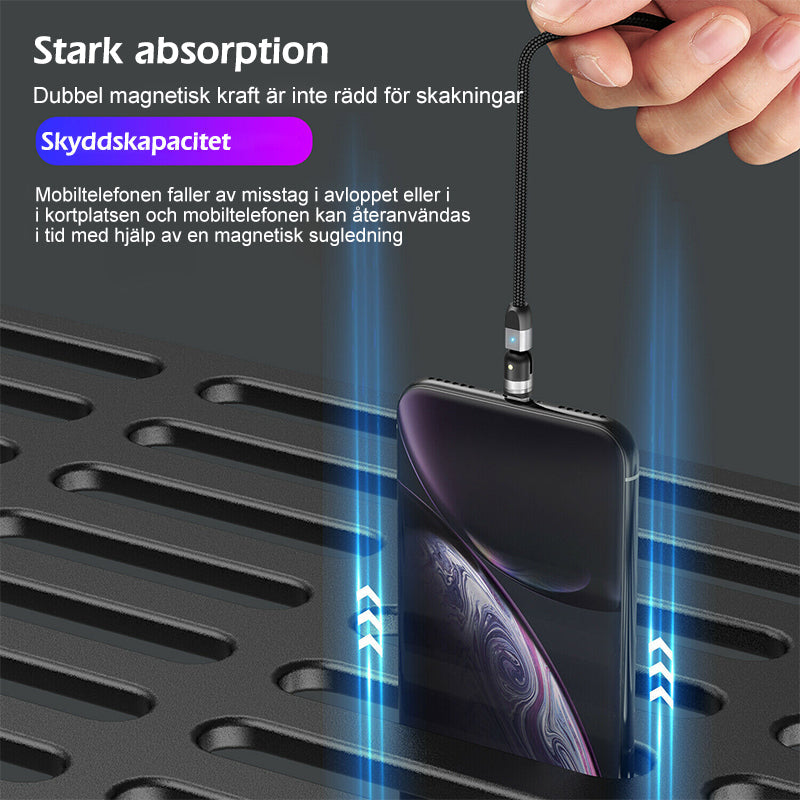 "Svart 3-IN-1 magnetisk kabel med 360° rotation, adapters för Apple, Android, Type-C, avancerad laddningsfunktion."