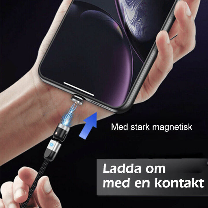 "Svart 3-IN-1 magnetisk kabel med 360° rotation, adapters för Apple, Android, Type-C, avancerad laddningsfunktion."