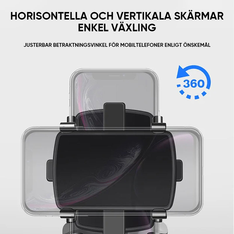 "Svart 360° telefonhållare för bilens instrumentbräda, justerbar och i robust ABS-plast, passar telefoner 3-7 tum."
