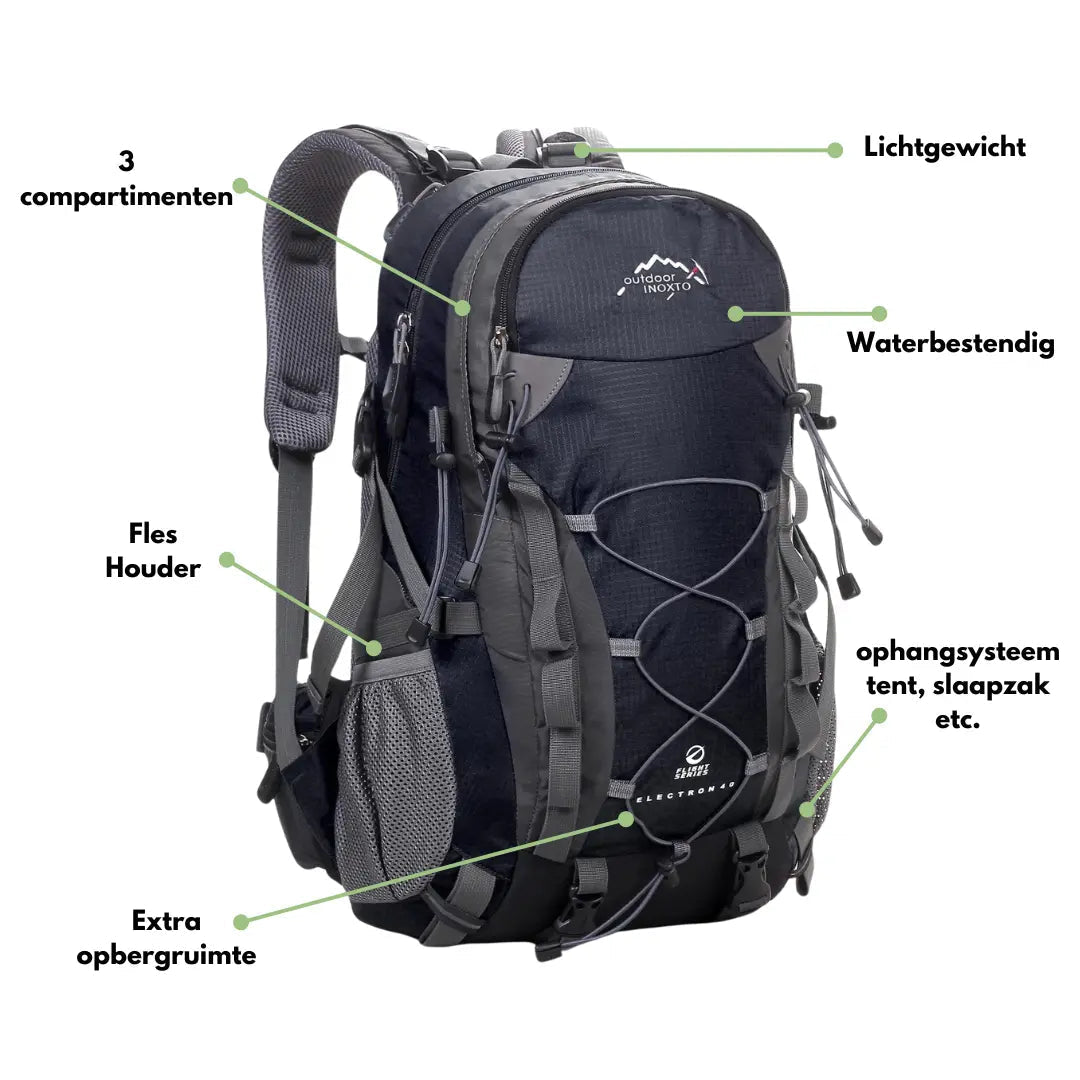 Svart 40 liters unisex utomhusryggsäck, perfekt för vandring, camping och resor. Ergonomisk.