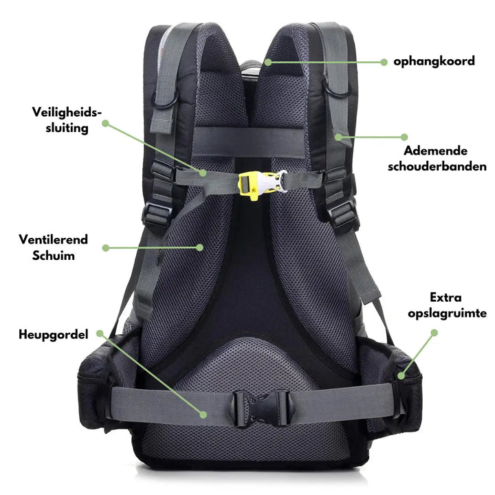 Grön 40L trekkingryggsäck för utomhusäventyr. Komfortabel unisex reseryggsäck för friluftsliv.