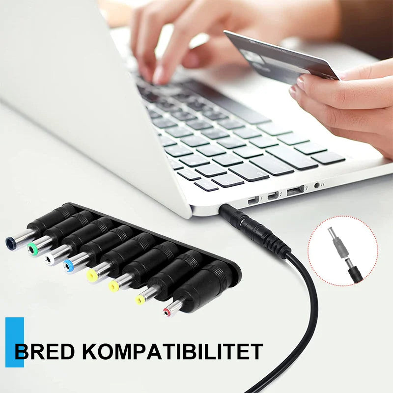 "Svart 8-i-1 bärbar likströmsadapter med universella kontakter, kompakt design för flexibel användning hemma och på resa."