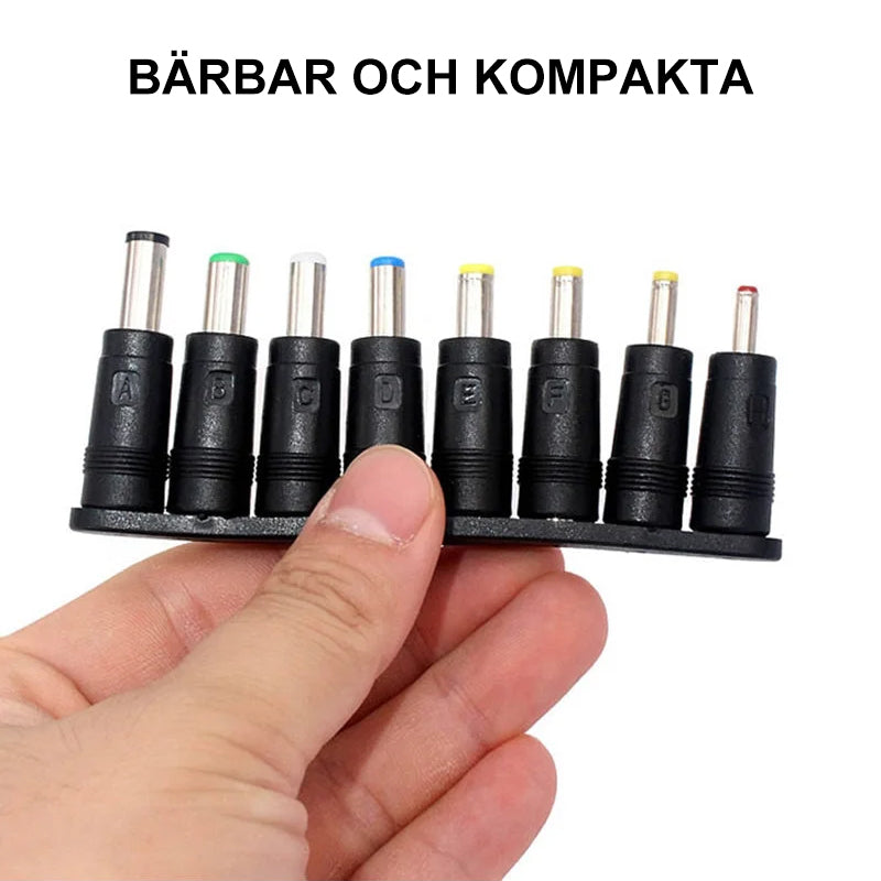 "Svart 8-i-1 bärbar likströmsadapter med universella kontakter, kompakt design för flexibel användning hemma och på resa."