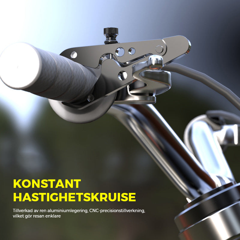 "Svart aluminium motorcykelfarthållare gaslås, kompakt och hållbar, enkel installation på alla cykelgrepp."