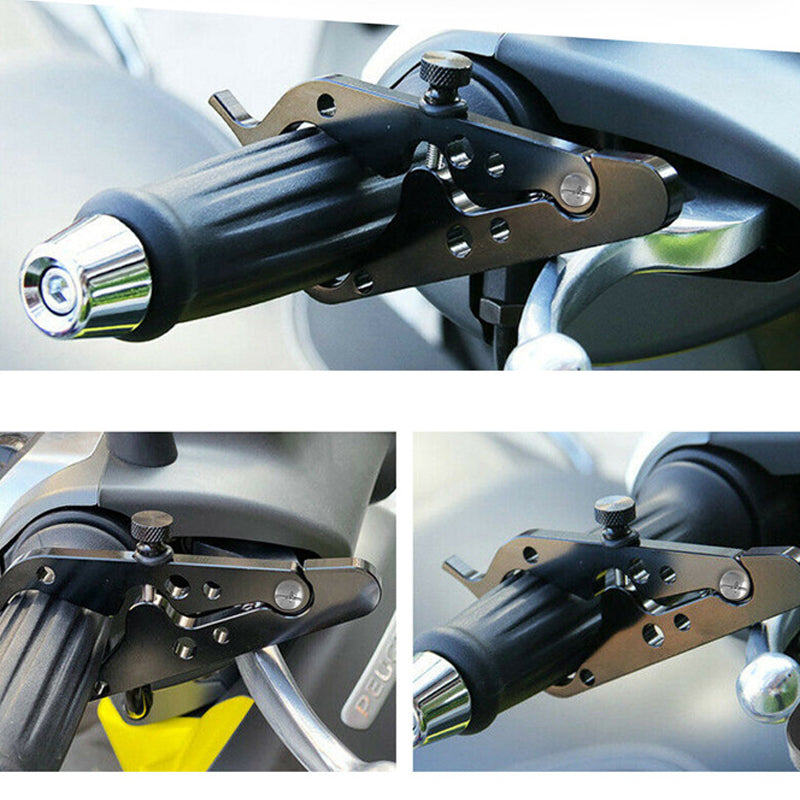 "Svart aluminium motorcykelfarthållare gaslås, kompakt och hållbar, enkel installation på alla cykelgrepp."