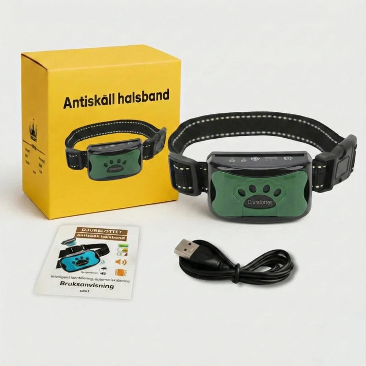 Praktiskt antiskällhalsband för hundträning, med fokus på lugnhund beteende och skällkontroll.