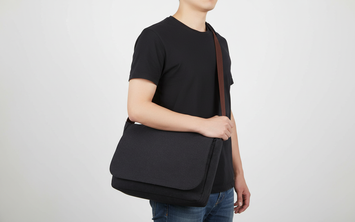 Elegant svart axelväska, perfekt som funktionell arbetsväska eller organiserad vardagsväska för laptop.