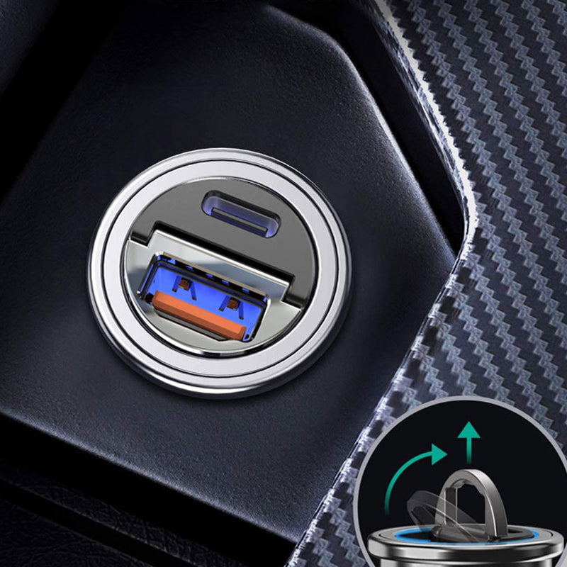 "Svart billaddare 30W i zinklegering, kompakt design med dubbel USB-port, idealisk för snabb laddning i bilen."