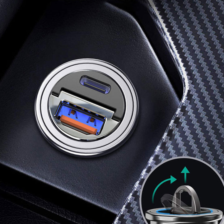 "Svart billaddare 30W i zinklegering, kompakt design med dubbel USB-port, idealisk för snabb laddning i bilen."