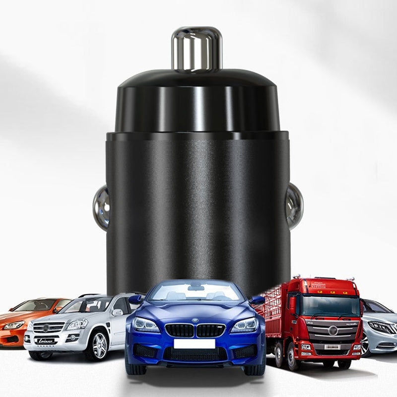 "Svart billaddare 30W i zinklegering, kompakt design med dubbel USB-port, idealisk för snabb laddning i bilen."