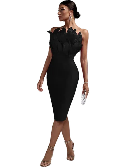 Svart bodycon midiklänning för kvinnor med eleganta fjäderdetaljer, perfekt festklänning eller aftonklänning.