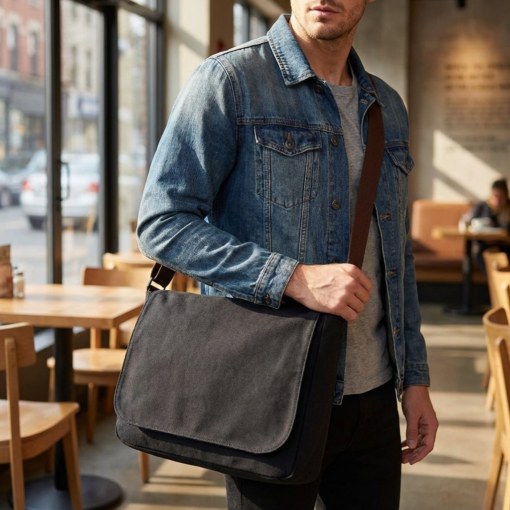 Svart canvas axelväska från EverTote, stilren & robust för vardagsbruk. Mångsidig messengerbag.