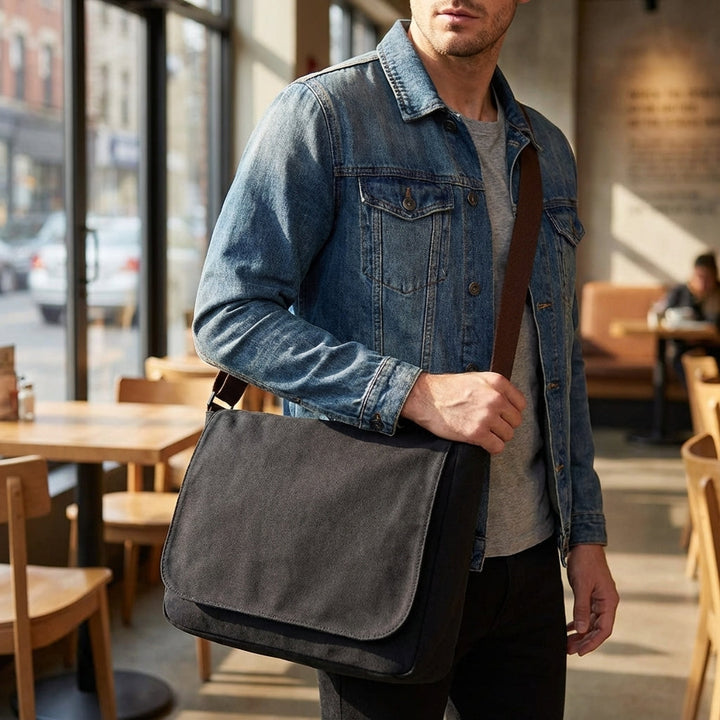 Svart canvas axelväska från EverTote, stilren & robust för vardagsbruk. Mångsidig messengerbag.