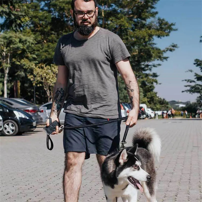 Svart elastiskt hundkoppel med dämpning för bekväma, ryckfria promenader med din hund.
