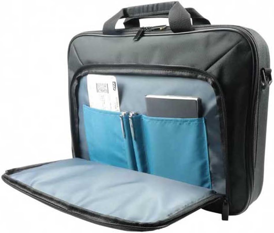 Svart, organiserad damväska för laptop, skyddar bärbar dator, perfekt för arbete, skola och pendling.