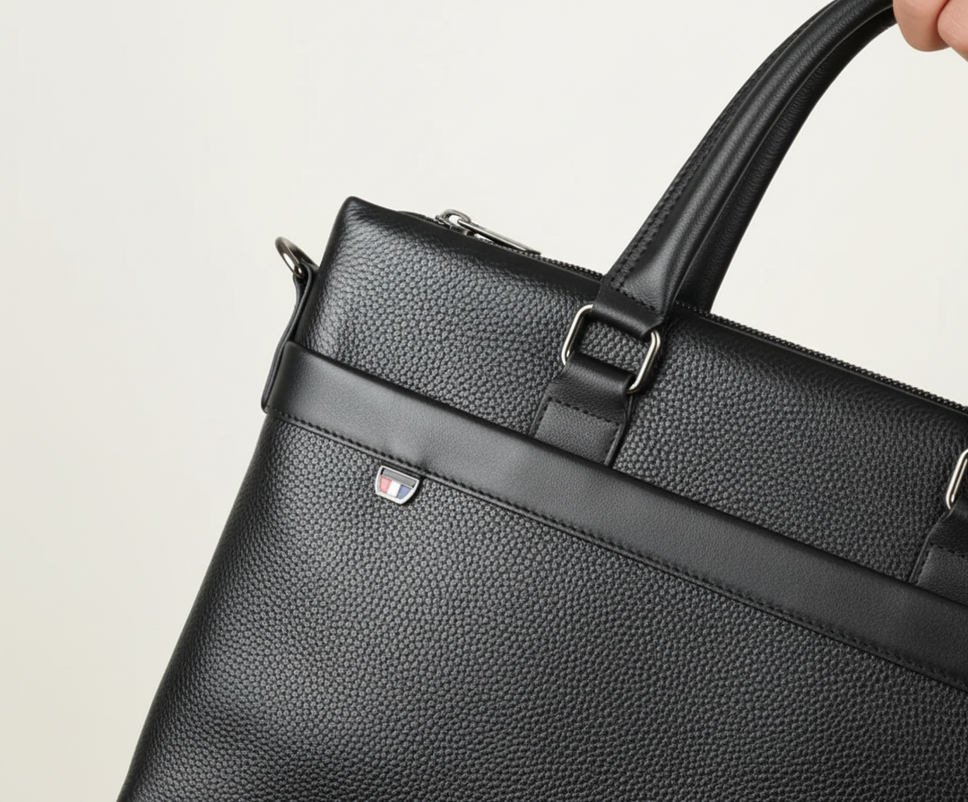 Unisex laptopväska/portfölj i svart PU. Idealisk som arbets- eller resväska, elegant design för professionell användning.