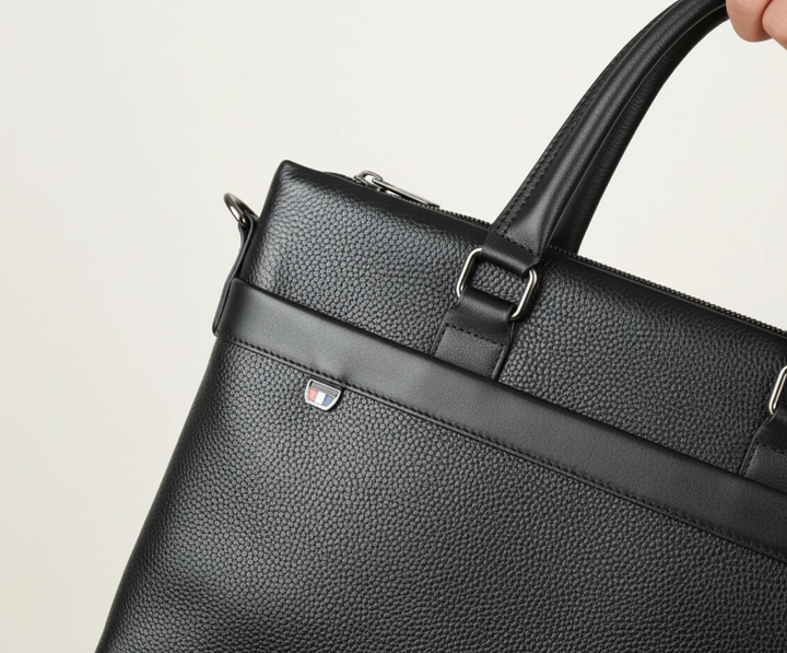 Unisex laptopväska/portfölj i svart PU. Idealisk som arbets- eller resväska, elegant design för professionell användning.