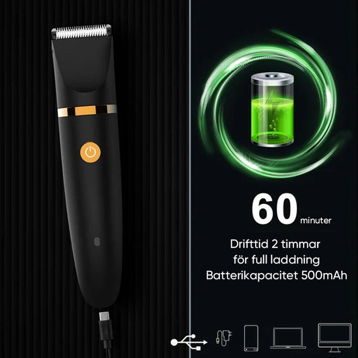 "Svart elektrisk kroppshårstrimmer för män med 3-i-1-design, keramiska blad och olika kammar för precis grooming."
