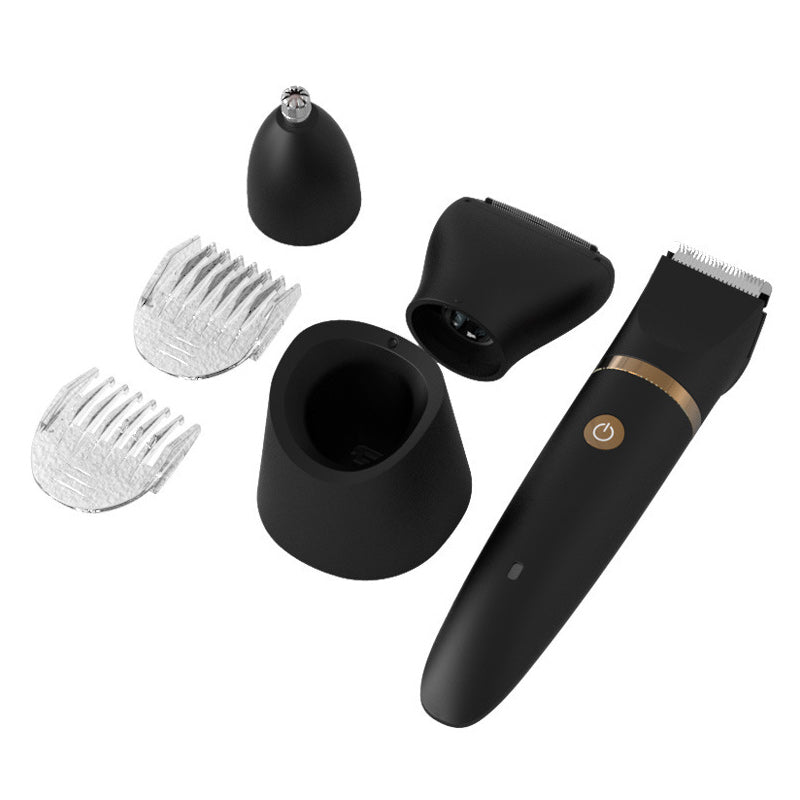 "Svart elektrisk kroppshårstrimmer för män med 3-i-1-design, keramiska blad och olika kammar för precis grooming."