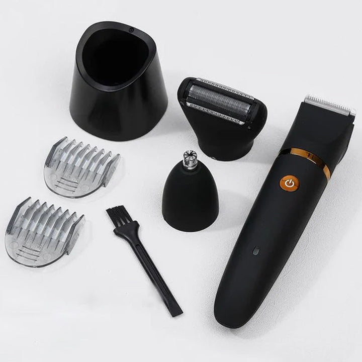 "Svart elektrisk kroppshårstrimmer för män med 3-i-1-design, keramiska blad och olika kammar för precis grooming."