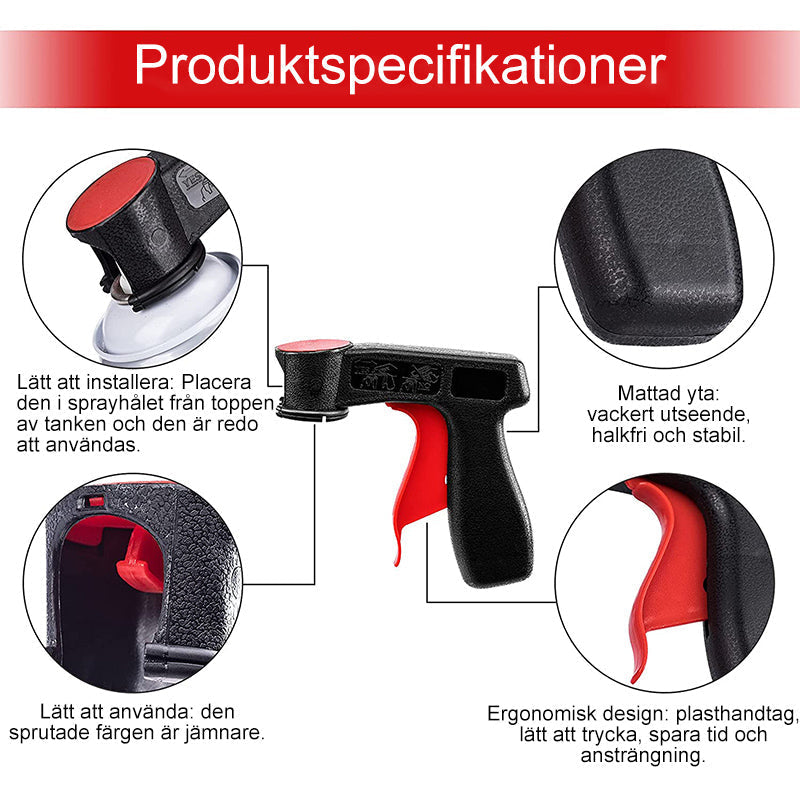 "Svart ergonomiskt bärbart sprayhuvud för standardburkar, visar handgrepp och utlösardesign för jämn spraykontroll"