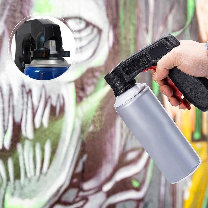 "Svart ergonomiskt bärbart sprayhuvud för standardburkar, visar handgrepp och utlösardesign för jämn spraykontroll"