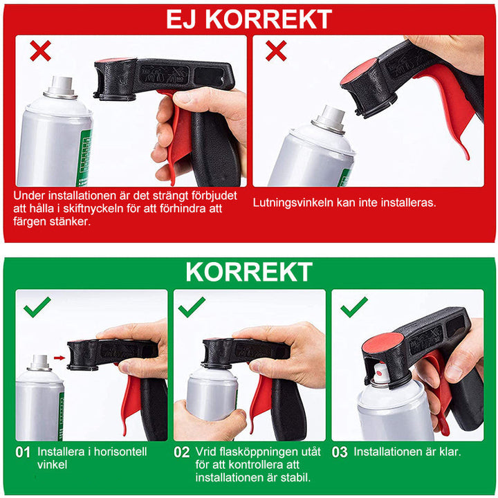 "Svart ergonomiskt bärbart sprayhuvud för standardburkar, visar handgrepp och utlösardesign för jämn spraykontroll"