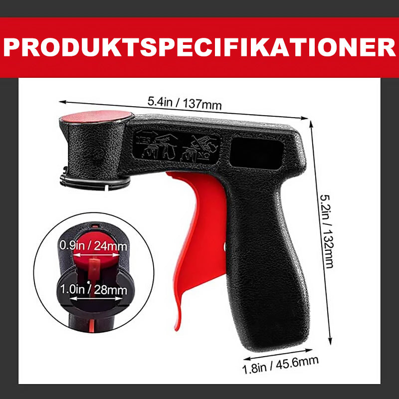 "Svart ergonomiskt bärbart sprayhuvud för standardburkar, visar handgrepp och utlösardesign för jämn spraykontroll"