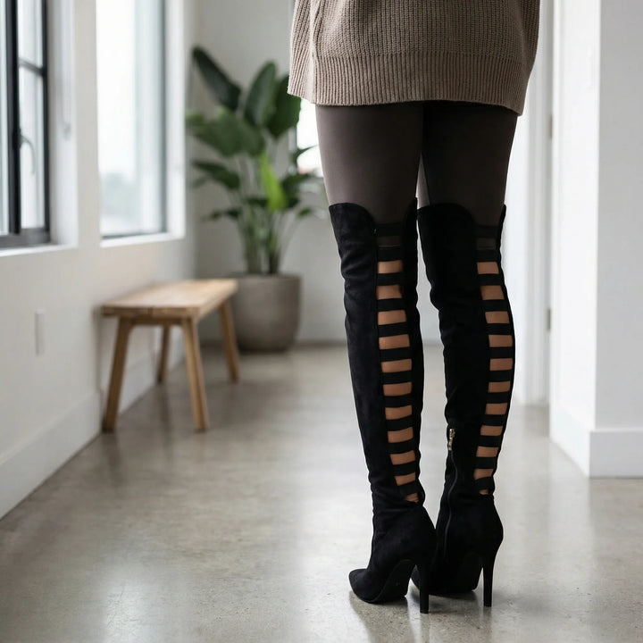 Svart Evie overknee-stövel med hög stiletto klack för damer. Eleganta festskor i smal passform.