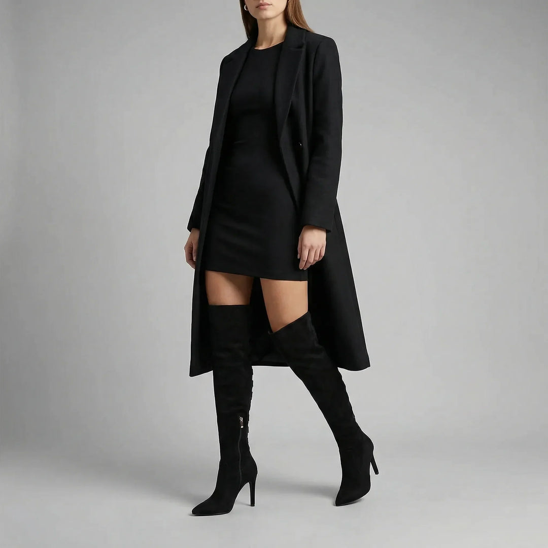 Högklackade overknee stövlar för damer, svart Evie-modell. Långa eleganta stövlar med stiletto klack.