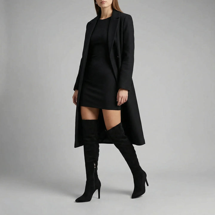 Högklackade overknee stövlar för damer, svart Evie-modell. Långa eleganta stövlar med stiletto klack.