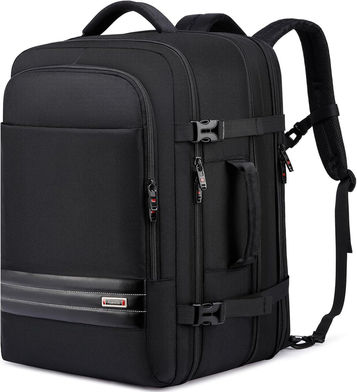 Svart expanderbar reseryggsäck 45-55L med vattentät design, perfekt för resor med 18-tums laptopfack.