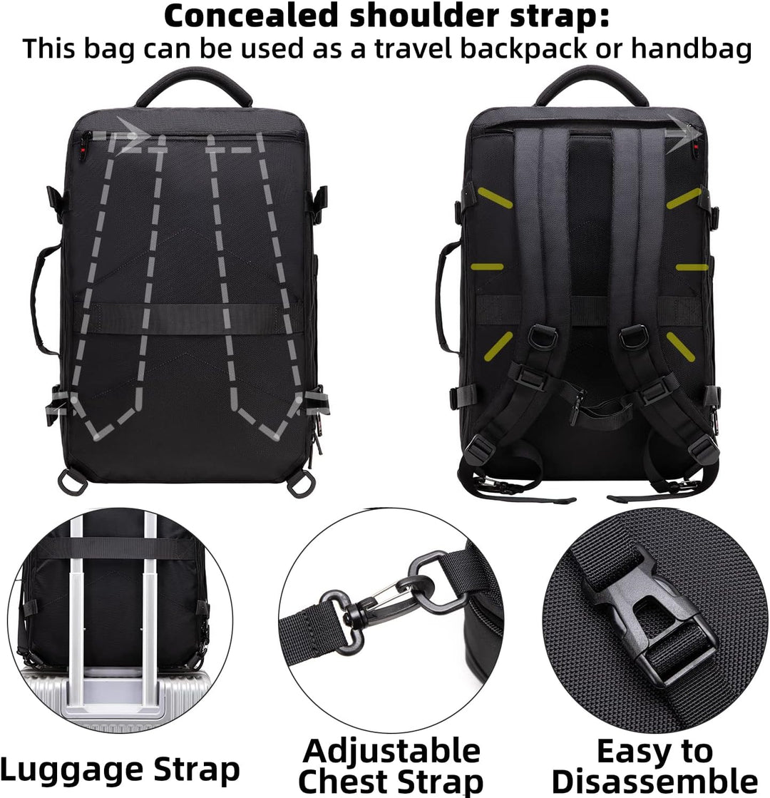 En person bär en bekväm expanderbar reseryggsäck 45-55L, visar dess ergonomiska design och komfort.