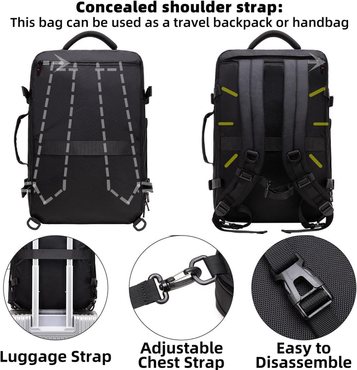 En person bär en bekväm expanderbar reseryggsäck 45-55L, visar dess ergonomiska design och komfort.