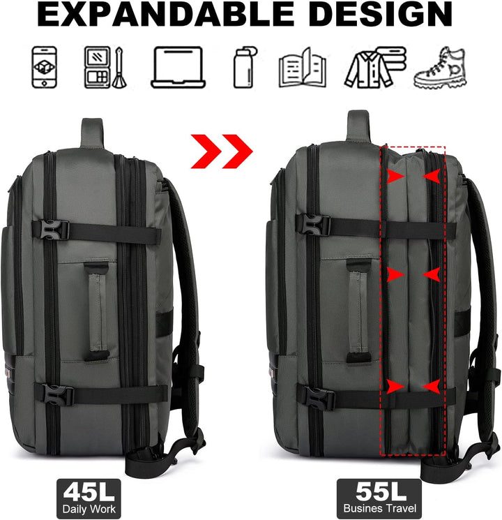 Kabinbagage: Expanderbar reseryggsäck 45-55L som uppfyller måtten. Enkel att ta med på flyget.