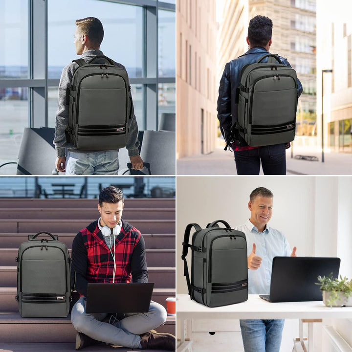 Svart, expanderbar 45-55L reseryggsäck med vattentät yta och 18" laptopfack för säker transport.
