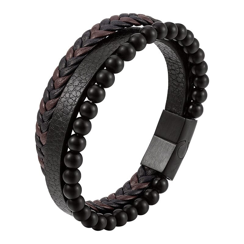 "Svart flätat läderarmband med hematitpärlor, stresslindrande och elegant accessoar för moderna män."