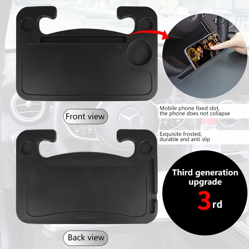 Kompakt FlexiWheel resebord för bil, enkel att förvara. Ett smart biltillbehör för varje bilresa.